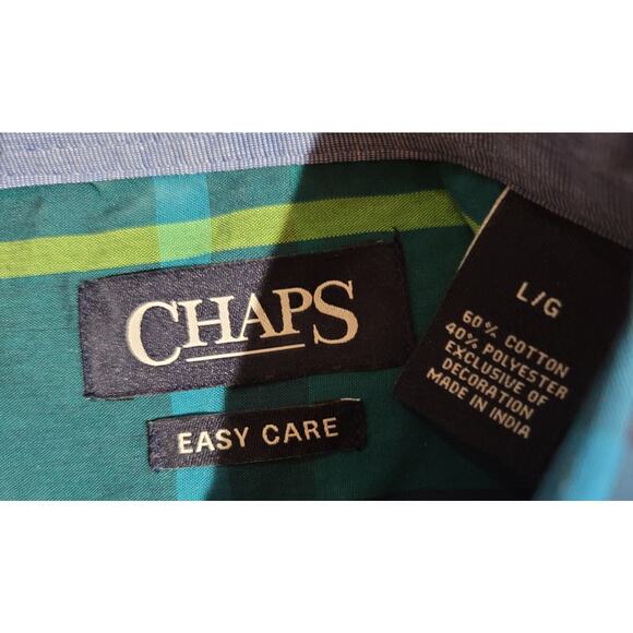 Chaps Blue Green Plaid Button Up Men's Shirt Large Easy Care Long Sleeves - Picture 4 of 4